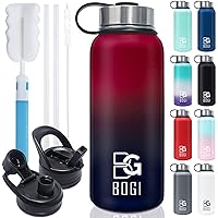 BOGI 32oz Insulated Water Bottle, Double Wall Vacuum Stainless Steel Water Bottle with Straw and 3 Lids, Sweat-Proof Wide Mou