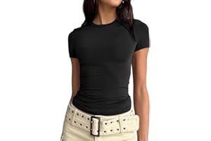 LACOZY Women's Basic Solid Crop Tops Short Sleeve Round Neck Shirt Workout Slim Fit T-Shirt Y2K