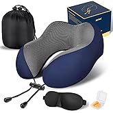 MLVOC Travel Pillow 100% Pure Memory Foam Neck Pillow, Comfortable & Breathable Cover, Machine Washable, Airplane Travel Kit 