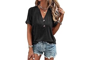 Naivikid Womens Tshirts V Neck Short Sleeve Buttons Tops Tee Solid Color Blouse Loose Fit S-XXL