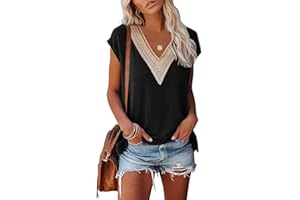 isermeo Womens Cap Sleeve Summer Tops Trendy Tank Tops Lace V Neck Loose Fit Shirts S-XXL