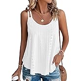 WNEEDU 2024 Womens Summer Tank Tops Eyelet Embroidery Sleeveless Spaghetti Strap Pleated Flowy Scoop Neck Hollow Cami