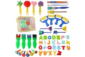 54pcs Kids Art & Craft Early Learning Painting Sponges Stamper Mini Paint Brushes Kit with 26 English Alphabets Drawing Tools