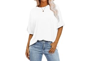 isermeo Women's Oversized Tunic Length Tops Rolled Short Sleeves Summer Tops Casual Crewneck T Shirt S-XXL