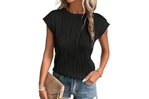 EVALESS Womens Short Sleeve Textured Tops Crewneck Knit Solid Casual T Shirts Ladies Loose Basic Tee Blouses