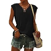 WNEEDU Womens Tops Summer V Neck T-Shirt Casual Cap Short Sleeve V Neck Loose Fit Tank Tops