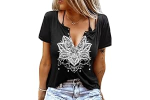 Eniloyal Womens Graphic T Shirt, Summer Ring Hole V Neck Tops, Casual Loose Fit Short Sleeve Shirts