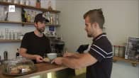 Hello Darling Eatery owner Sam Ashcroft (on left) serves ResQ Club CEO Tuure Parkkinen a bowl of soup.