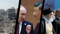 Kolmen kuvan kuvakollaasi. Ensimmäisessä kuvassa on ilmakuvaa tuhoutuneesta asuinalueesta, Toisessa keskustelevat Vladimir Putin ja Xi Jinping, kolmannessa kuvassa näkyy Ali Khamenei.