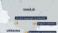 Kartta neljästä Ukrainan tekemästä drooni-iskusta Venäjälle.