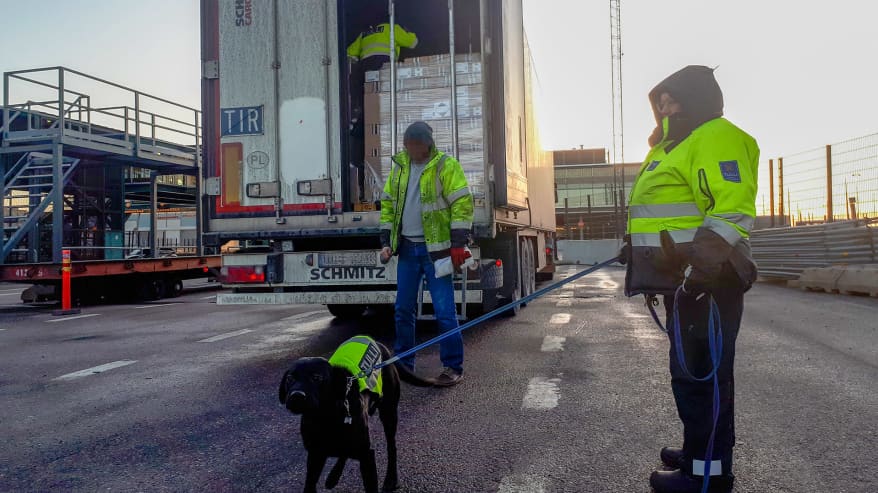 Meritullin tullivirkailijat tarkastavat Länsisatamassa rekkojen ja kuorma-autojen rahtilasteja. 