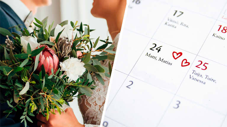 A two-part image showing a wedding bouquet and calendar with hearts drawn on 24 February. 