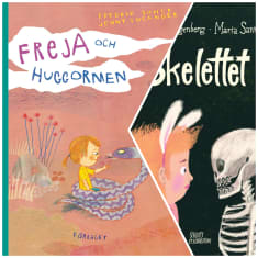 Omslagen till bilderböckerna "Freja och huggormen" samt "Skelettet".