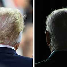 Kaksi kuvaa vierekkäin, joista toisessa on Trumpin takaraivo ja toisessa Bidenin. Trumpilla on side korvan päällä.