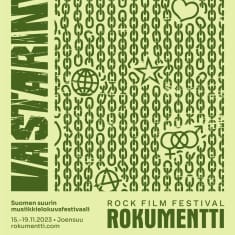 Rokumentti 2023  juliste, jossa telsti Suomen suurin musiikkielokuvafestivaali ja päiväys 15.-19.11.2023 Joensuu. Julisteessa piirrettyjä ketjukuvioita ja symboleja. 