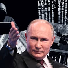 Bildcollage med Vladimir Putin och bilder som föreställer cyberhot och migranter vid östgränsen. 