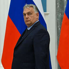 Orban and Putin at a press conference in Moscow.