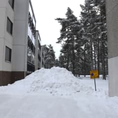 Bild på en snöhög på en parkeringsplats, brevid snöhögen finns ett märke som visar räddningsväg.