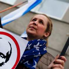 Photo shows Irina Vesikko at an anti-war demonstration in Helsinki, September 2022.