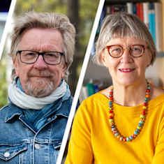 Photo compilation shows Björn Vikström, author and literature researcher Merete Mazzarella, cosmology professor Kari Enqvist, and systematic theology professor Jaana Hallamaa.