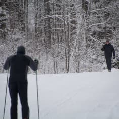 Två män skidar i Kokon skidspår.