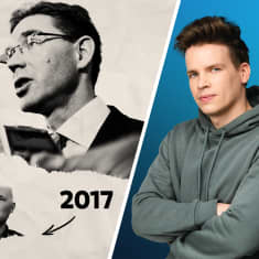 Kuvakollaasi, jossa 2014 kansanedustajan paikalta eronnut Jyrki Katainen (kok.), 2017 eronnut Alexander Stubb (kok.) ja toimittaja Antti Kurra.