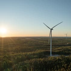 Solen ligger lågt över skogen vid OX2 Metsälamminkangas vindpark i Vaala. 