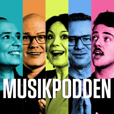 Seriebild för Musikpodden, med Emma Raunio, Mauri Kuokkanen, Emma Salokoski, Mårten Svartström och Filemon von Numers. 