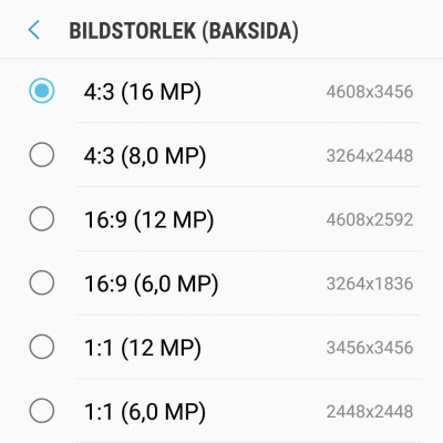 Skärmdump på inställningar i en Androidtelefons kamera.