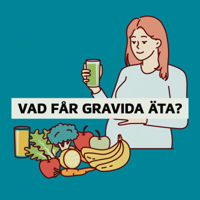 Ritad gravid person och frukt, med texten "vad får gravida äta?".