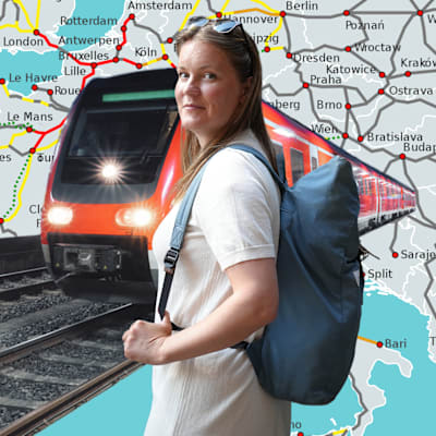 bildkollage, kvinna med ryggsäck på ryggen tittar mot kameran, i bakgrunden finns en Europakarta och ett tåg.