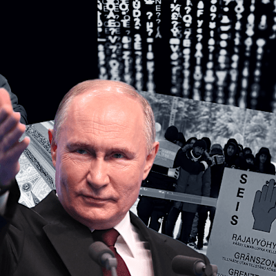 Bildcollage med Vladimir Putin och bilder som föreställer cyberhot och migranter vid östgränsen. 