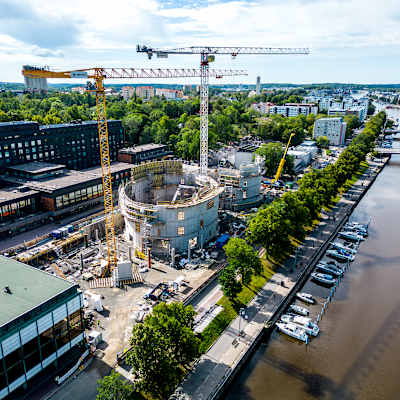 flygbild från bygget av åbo musikhus Fuga.