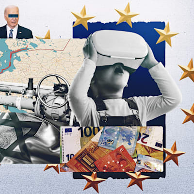 Ett bildcollage med bland annat politiker, EU-stjärnor, Israels flagga och pengar.