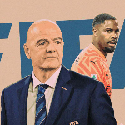 En grafisk bild av Fifabossen Gianni Infantino och fotbollsmålvakten Mike Maignan. FIFA står stort i bakgrunden.