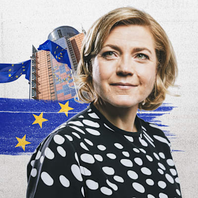 Grafik med Hanna Virkkunen i förgrunden och EU:s flagga och byggnad i bakgrunden.