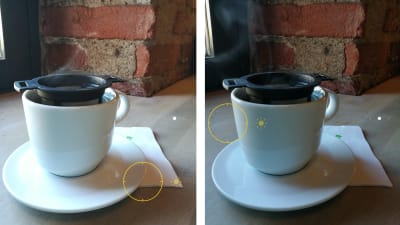 Kaksi kuvaa teekupista, valotus mitattu eri kohdista.
