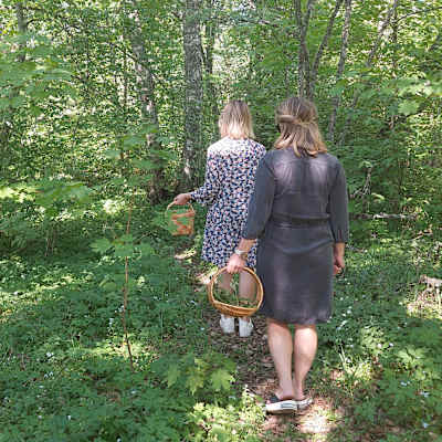 Två kvinnor som går på en stig i en skogsdunge. Kvinnorna har varsin korg och är fotograferade bakifrån.