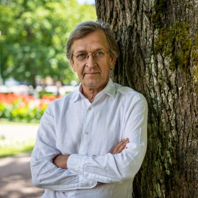 Martti Kosken­niemi lutar sig mot en stor trädstam. Koskenniemi är en ledigt klädd och landskapet bakom honom är somrigt. 