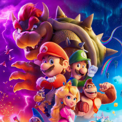 Filmaffischen för Super Mario Bros. Movie. Alla huvudkaraktärer syns, bland annat Mario, Luigi, Prinsessan Peach, Toad, Donkey Kong och Bowser.