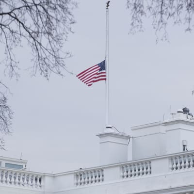 Den amerikanska flaggan hänger i halvstång för att sörja offren i skolskjutningen i Florida.