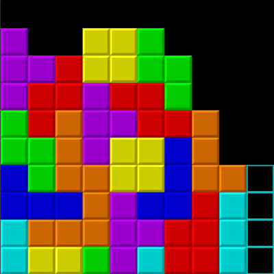 Tetrisklossar under ett pågående spel - en I-tetrino är på väg lodrätt ner längst till höger så att fyra rader kommer att försvinna på en gång.