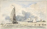 Dutch Fishing Boats; verso: Sketches of Boats, Johan Barthold Jongkind (Dutch, Latrop 1819–1891 La-Côte-Saint-André), Watercolor over black chalk (recto); black chalk (verso)