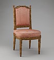 Side chair (chais à la reine) (one of a pair), Georges Jacob (French, Cheny 1739–1814 Paris), Carved and gilded walnut; pink silk moiré damask (not original), French, Paris