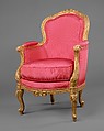 Armchair (bergère en cabriolet) (one of a pair), Claude-Louis Burgat (1717–before 1782, master 1744), Carved and gilded beechwood, upholstered in modern red strié faille, French