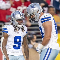 Dallas Cowboys wide receiver KaVontae Turpin (9) is congratulated by tight end Jake Ferguson (87) for scoring a touchdown against the San Francisco 49ers during the second quarter at Levi's Stadium.