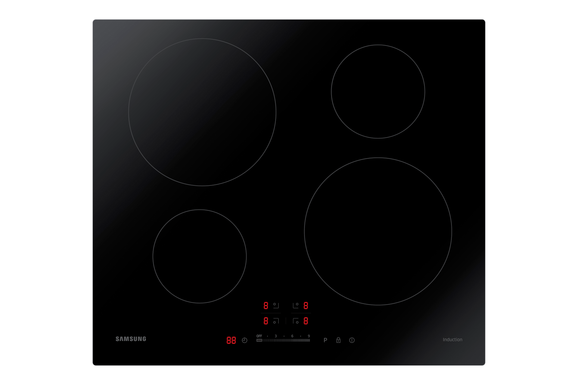 A Samsung 4 burner smart ceramic induction hob NZ64H37070K on a white background.