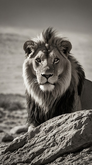 Free photo black and white portrait of wild lion in nature