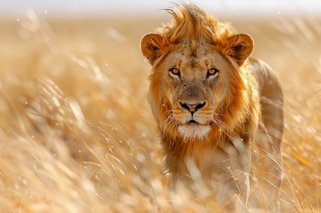 Free photo lion in dry forest landscape