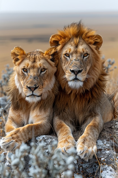 Free photo lion in dry forest landscape